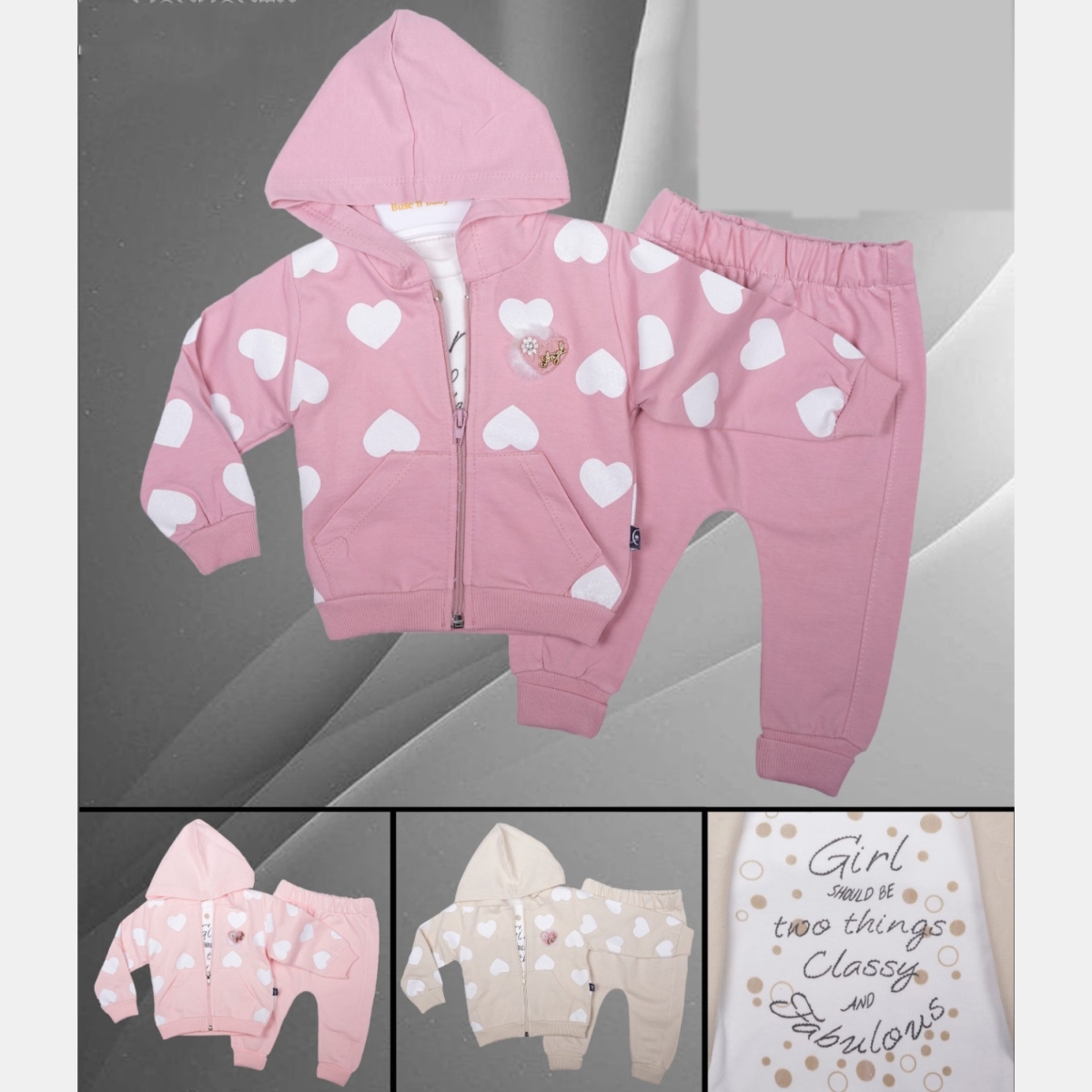 BEBE KıZ BASKILI KALP 2İP 3LÜ KIZ TK 9-18  AY